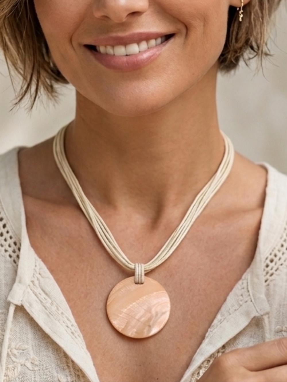 Boho Peach Mother of Pearl Pendant Multi Strand Cord Necklace